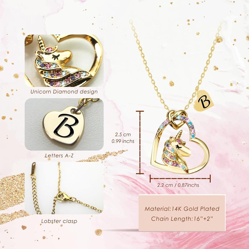 PYXC Valentines Day Gifts - Unicorn Necklace Gifts for Girls, Gold CZ Heart Unicorn Jewelry Initial Girls Birthday Colorful Heart Necklace Birthday present - Image 4